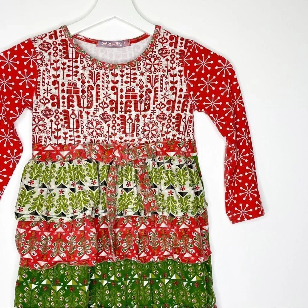 Jelly The Pug Multi-Color Holiday Brook Knit Dress with Ruffle Youth Size 6